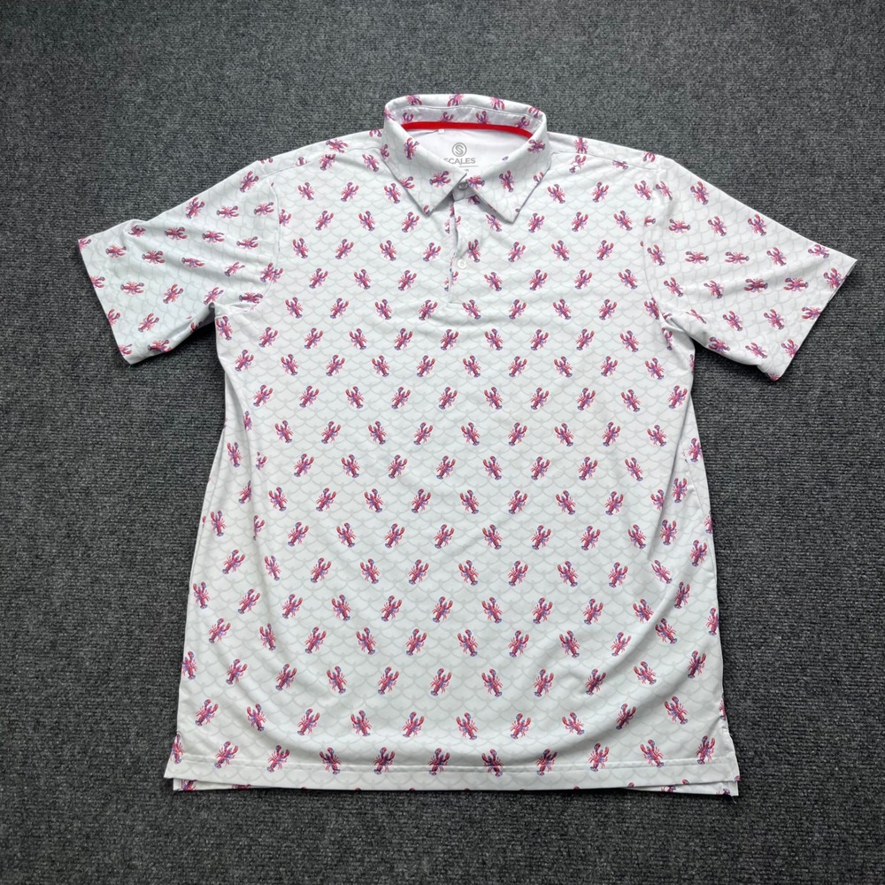 Scales Performance Golf Fishing Lobster Print White Polo Shirt